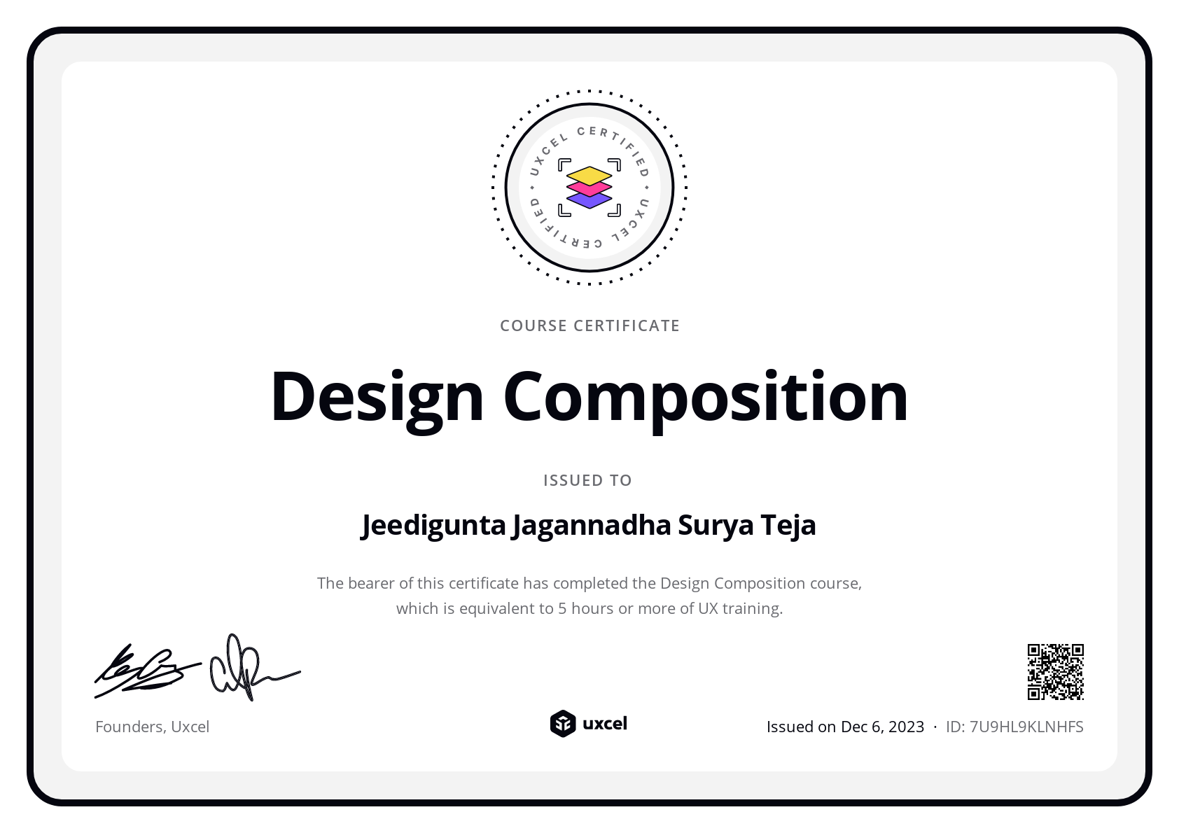 Jeedigunta Jagannadha Surya Teja's certificate